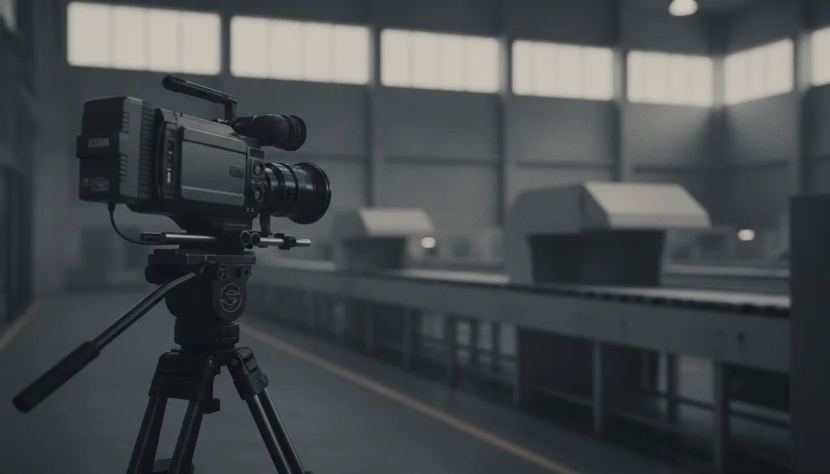 Fabrika holünde tripod üzerinde sinema kamerası, arka planda flu üretim hattı