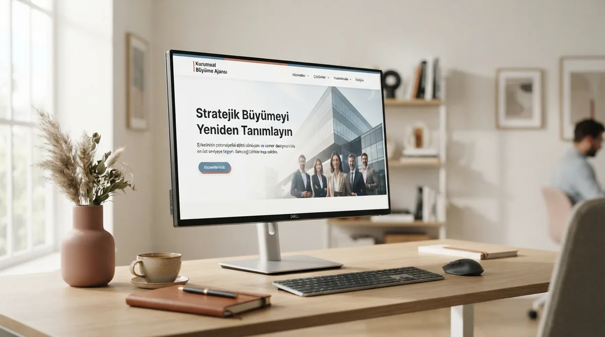 Sıcak-nötr bir masada, açık arayüz düzeni gösteren modern bir ekran