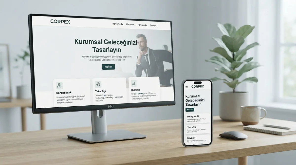 Aynı kurumsal sitenin masaüstü ve telefon ekranında yan yana responsive görünümü