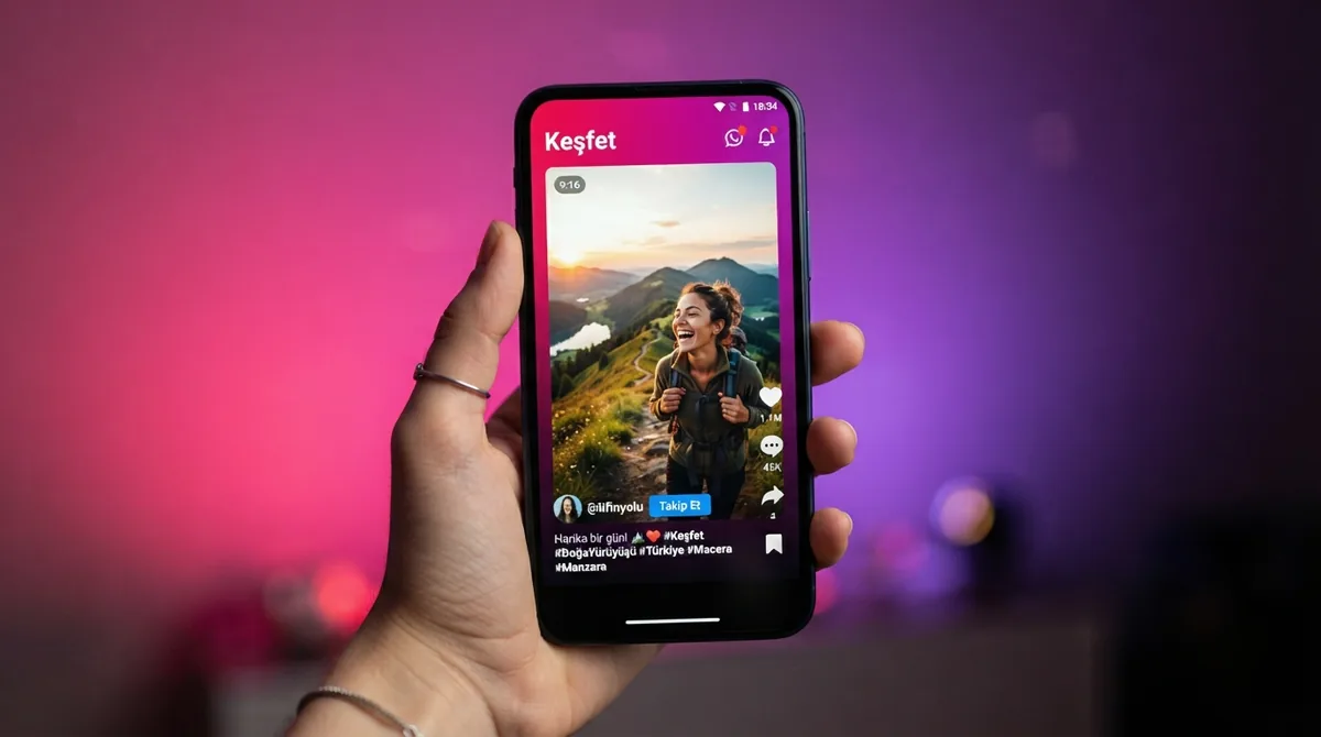 Telefonda dikey bir kısa video akışı; Keşfet ekranı ve Takip Et butonu